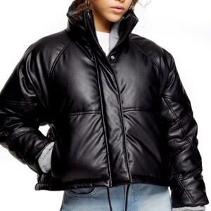 TopShop puffer jacket faux leather black with snaps and zip high collar size 6